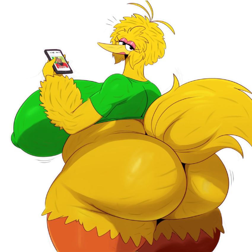 1girls avian big_ass big_bird big_breasts bottomless clothing edit female female_only genderbent looking_back meme mohawk_(hairstyle) phone rear_view rule_63 sesame_street solo sssonic2 voluptuous wrinkles yellow_body