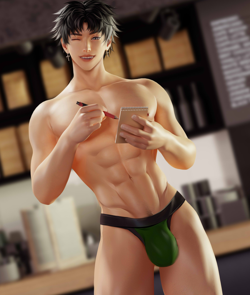 abs barista bathroom black_hair grey_eyes kodogasai looking_at_viewer male male_only phil_mizuno solo solo_male