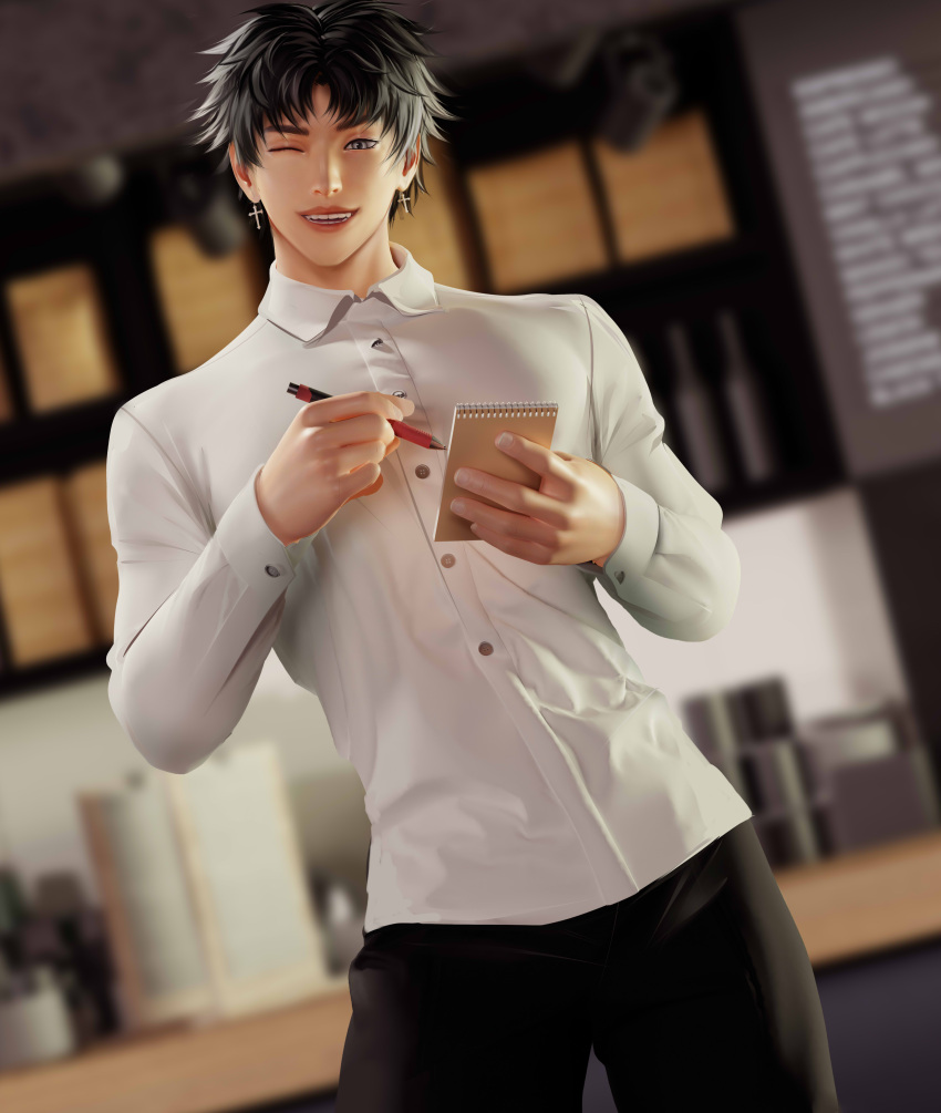 barista bathroom black_hair grey_eyes kodogasai male_only phil_mizuno solo_male