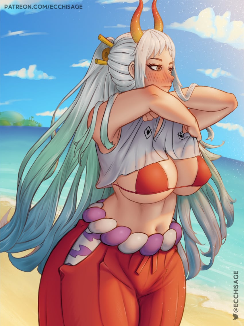 1girls beach big_breasts bikini blue_hair blush breasts brown_eyes cleavage clothed clothing curvy curvy_figure ear_piercing earrings ecchisage female female_focus female_only gradient_hair hakama hi_res highres hoop_earrings horned_humanoid horns humanoid japanese_clothes large_breasts light-skinned_female light_skin long_hair midriff multicolored_hair navel one_piece oni oni_horns revealing_clothes sideboob simple_background solo solo_female swimsuit thick thick_thighs two_tone_hair undressing voluptuous white_hair wide_hips yamato_(one_piece) youkai