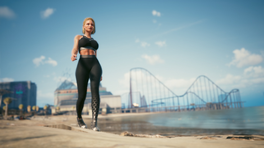 1girls 3d beach blue_eyes cd_projekt_red cyberpunk_2077 female female_only fit fit_female hung_s0l0 large_breasts oc solo tights v_(cyberpunk_2077) valerie_(cyberpunk_2077) viletta_(hung_s0l0) walking wide_hips workout_clothes