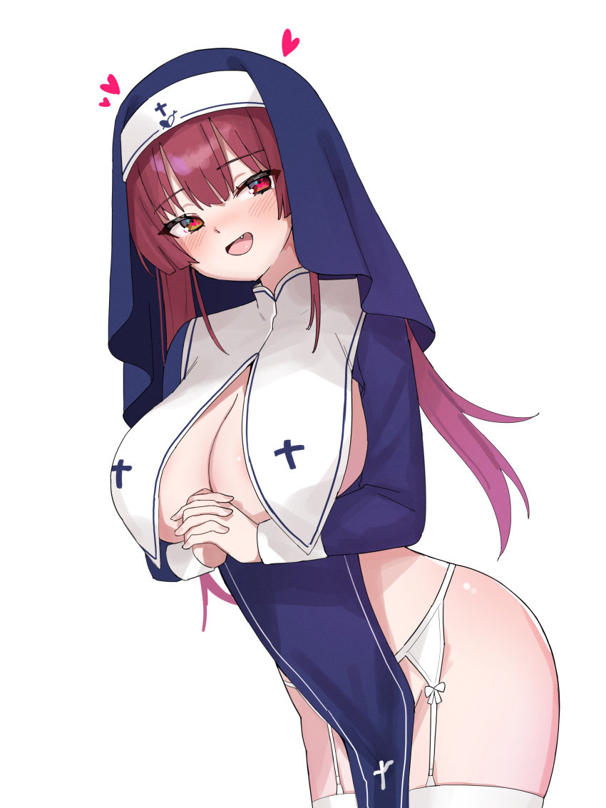 1girls 2022 big_breasts breasts cleavage female female_focus female_only garter_straps grunel_(grunel_7979) hands_together hands_under_breasts heart heart-shaped_pupils hololive hololive_fantasy hololive_japan horny houshou_marine looking_at_viewer nun nun&#039;s_habit nun_outfit simple_background solo solo_female standing tagme virtual_youtuber white_background