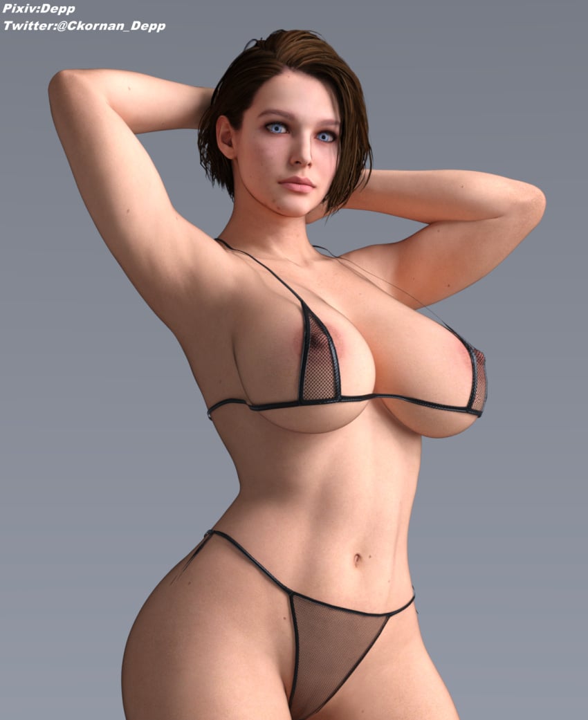 1girls 3d armpits arms_up big_breasts bikini bimbo blue_eyes breasts brown_hair capcom curvaceous curvy depp_(artist) female female_only fishnet_bikini fishnets huge_ass huge_breasts jill_valentine jill_valentine_(sasha_zotova) large_ass large_breasts looking_at_viewer milf nipples panties pixiv_username resident_evil resident_evil_3 resident_evil_3_remake see-through_clothing skimpy skimpy_clothes solo standing twitter_username voluptuous