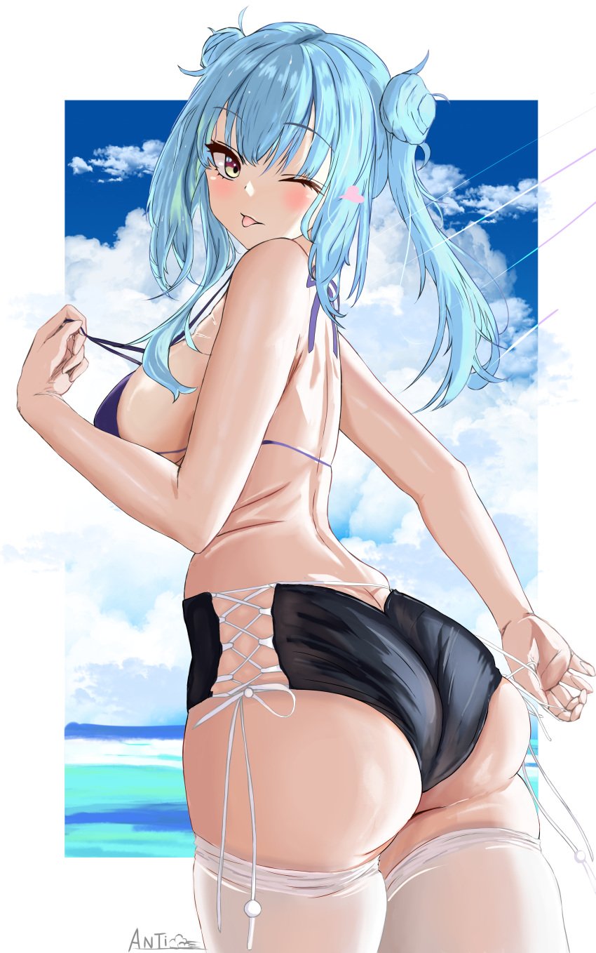 1girls 2022 absurdres alternate_costume anti_kumo ass ass_cleavage azur_lane bare_shoulders blue_hair blush breasts butt_crack female female_only highres huge_ass large_breasts light-skinned_female light_skin long_hair looking_at_viewer neptune_(azur_lane) one_eye_closed royal_navy_(azur_lane) smile solo swimsuit thick_thighs thighhighs thighs two_side_up underbutt water yellow_eyes