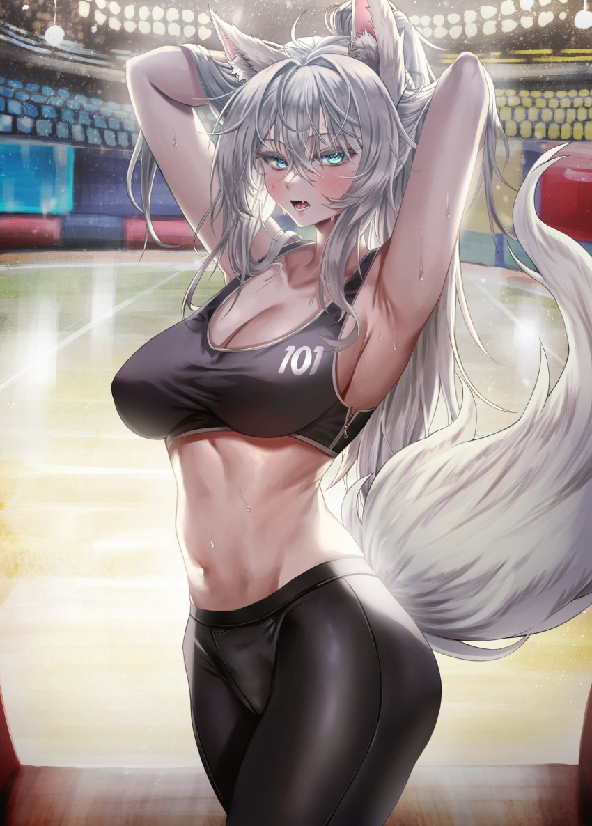 big_ass big_breasts character_request cleavage clothing fit_female kemonomimi long_hair looking_at_viewer nompang sweat tagme tail workout_clothes