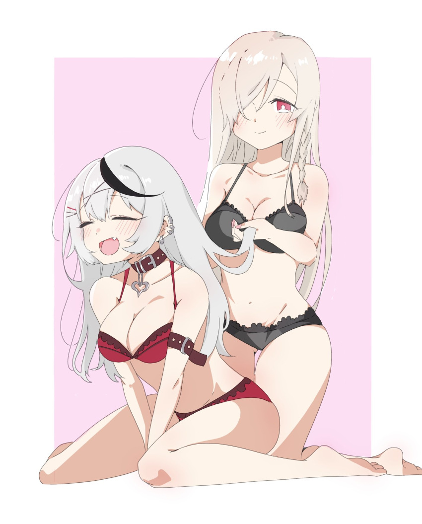 2girls bangs black_bra black_panties blonde_hair blush bra braid breasts cleavage collar earrings g36c_(girls'_frontline) girls'_frontline grey_hair griffin_&_kryuger hair_ornament hair_over_one_eye highres hololive hololive_japan holox jewelry kneeling large_breasts long_hair multicolored_hair multiple_girls oerba_yun_fang open_mouth panties picot_trim picot_trim_bra picot_trim_panties red_bra red_eyes red_panties sakamata_chloe side_braid simple_background sirakamisumire sitting smile stomach streaked_hair underwear underwear_only very_long_hair virtual_youtuber wariza x_hair_ornament