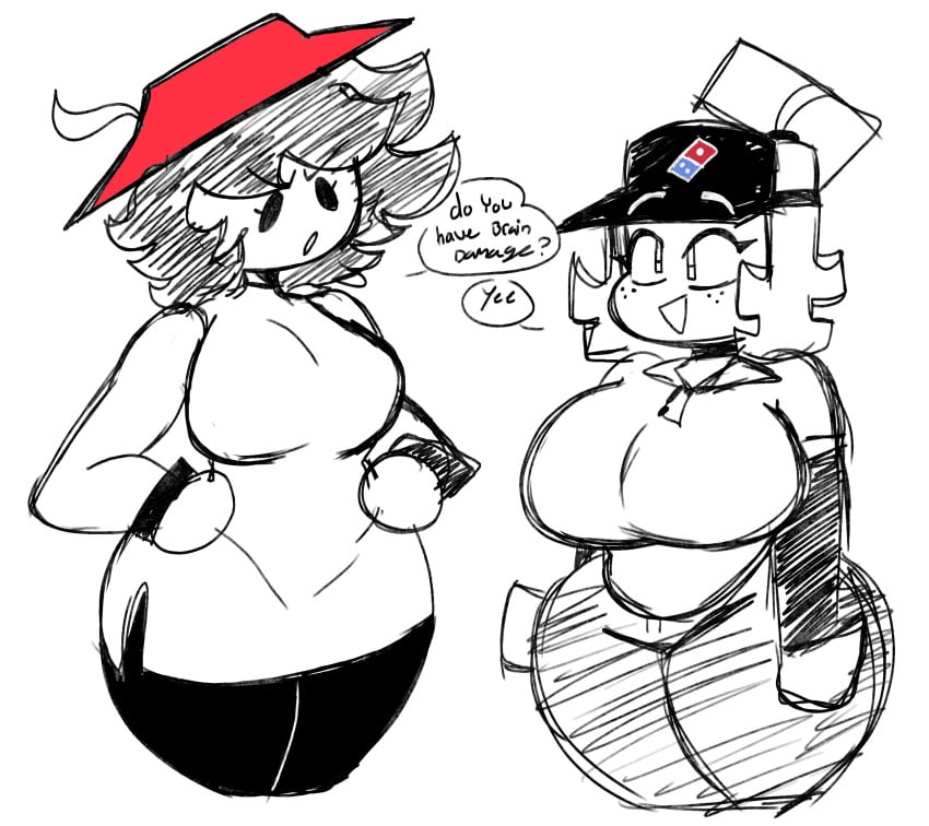 2girls :o big_breasts breasts domino's_pizza dork_boi female lewd_dorky mob_face multiple_girls pizza_hut tagme triangle_mouth