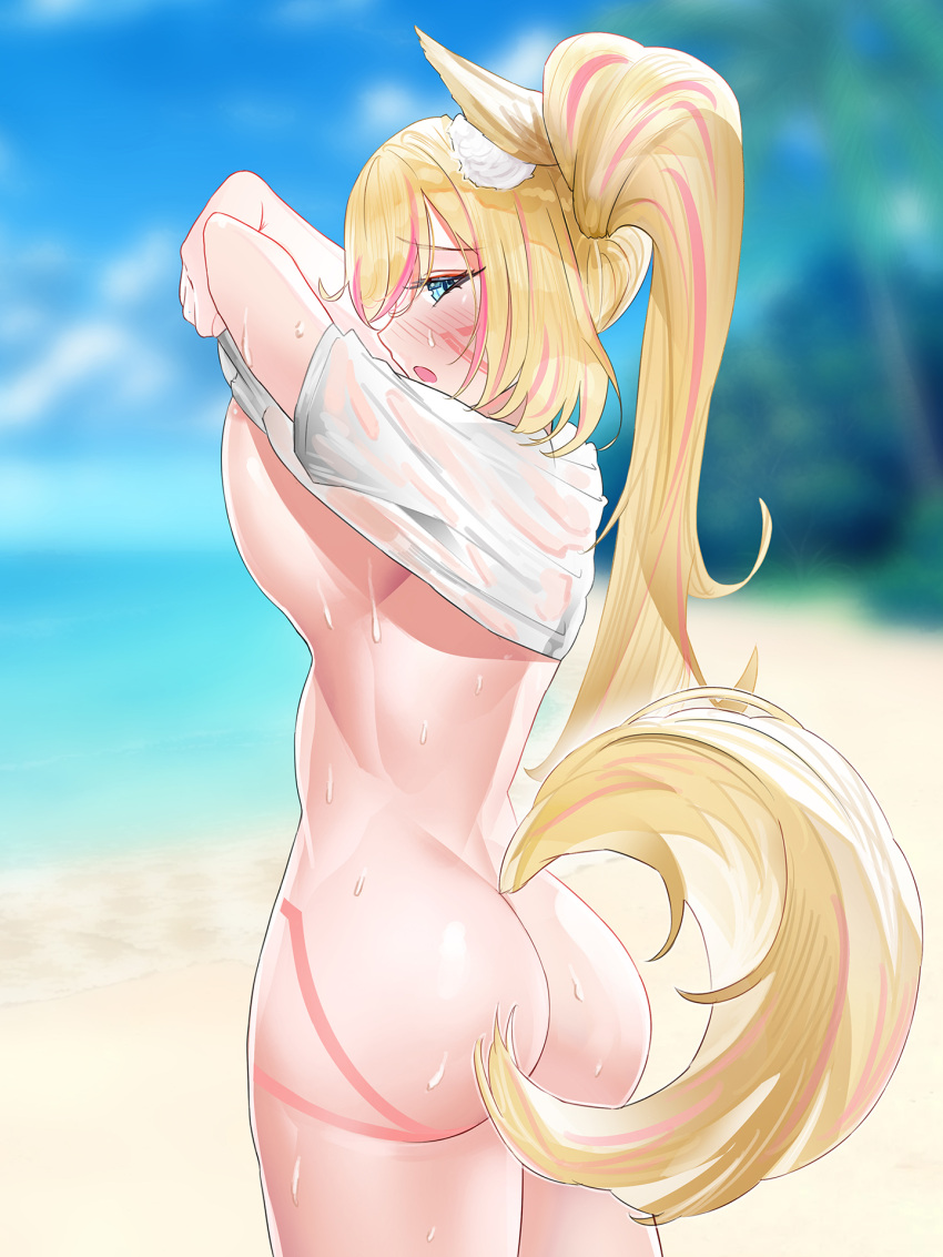 ass_focus bangs beach big_ass big_breasts big_butt blonde_hair blue_eyes blush breast female fluffyfoxmia fox fox_ears fox_girl fox_tail foxyevoxy from_side fx07 heterochromia highres long_hair looking_at_viewer medium_breasts open_mouth original pink_eyes shirt shirt_lift solo streaked_hair sweat tail tattoo