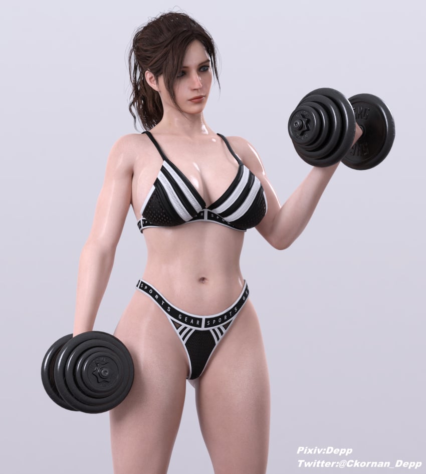 1girls 3d big_ass big_breasts bikini bimbo claire_redfield curvaceous curvy depp_(artist) exercise female female_only fully_clothed huge_ass huge_breasts large_ass large_breasts milf panties resident_evil skimpy skimpy_clothes solo voluptuous weightlifting weights workout