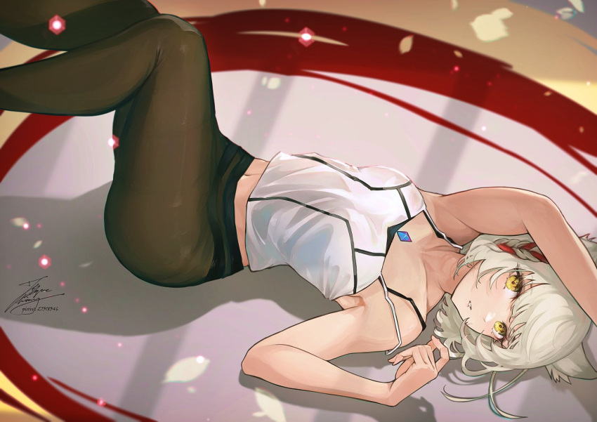 1girls animal_ears arms_above_head arms_behind_head bangs black_leggings black_legwear black_pantyhose breasts cat_ears cat_girl catgirl chest_jewel fadingzz female female_focus female_only gem jewel laying laying_down laying_on_back leggings legs legs_up legwear looking_at_viewer lying lying_down lying_on_back midriff mio_(xenoblade) navel on_back pantyhose short_hair shoulder_strap silver_hair small_breasts solo solo_female solo_focus straps tank_top topwear white_tank_top white_topwear xenoblade_(series) xenoblade_chronicles_(series) xenoblade_chronicles_2 xenoblade_chronicles_3 yellow_eyes