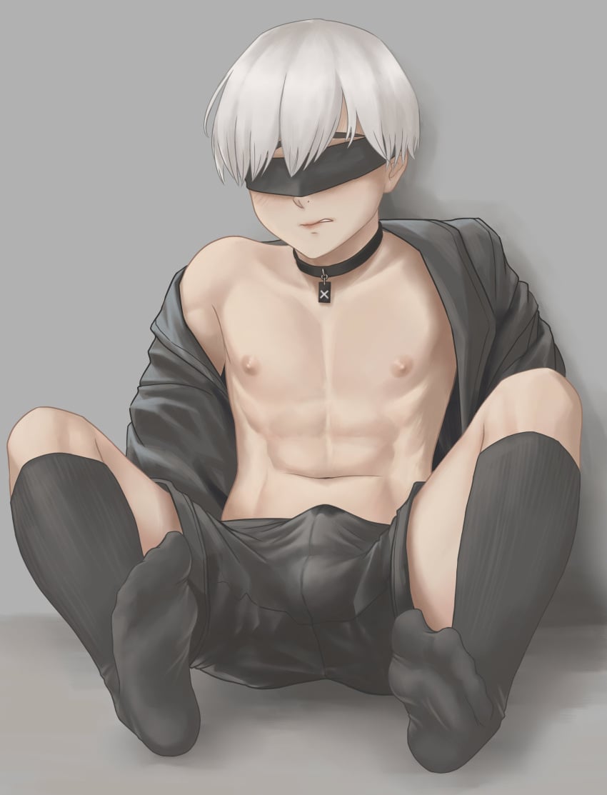 1boy blindfold bulge light-skinned_male light_skin male male_focus male_only nier nier:_automata penis penis_under_clothes precum precum_through_clothing sitting solo solo_male topless torchdraws white_hair yorha_9s