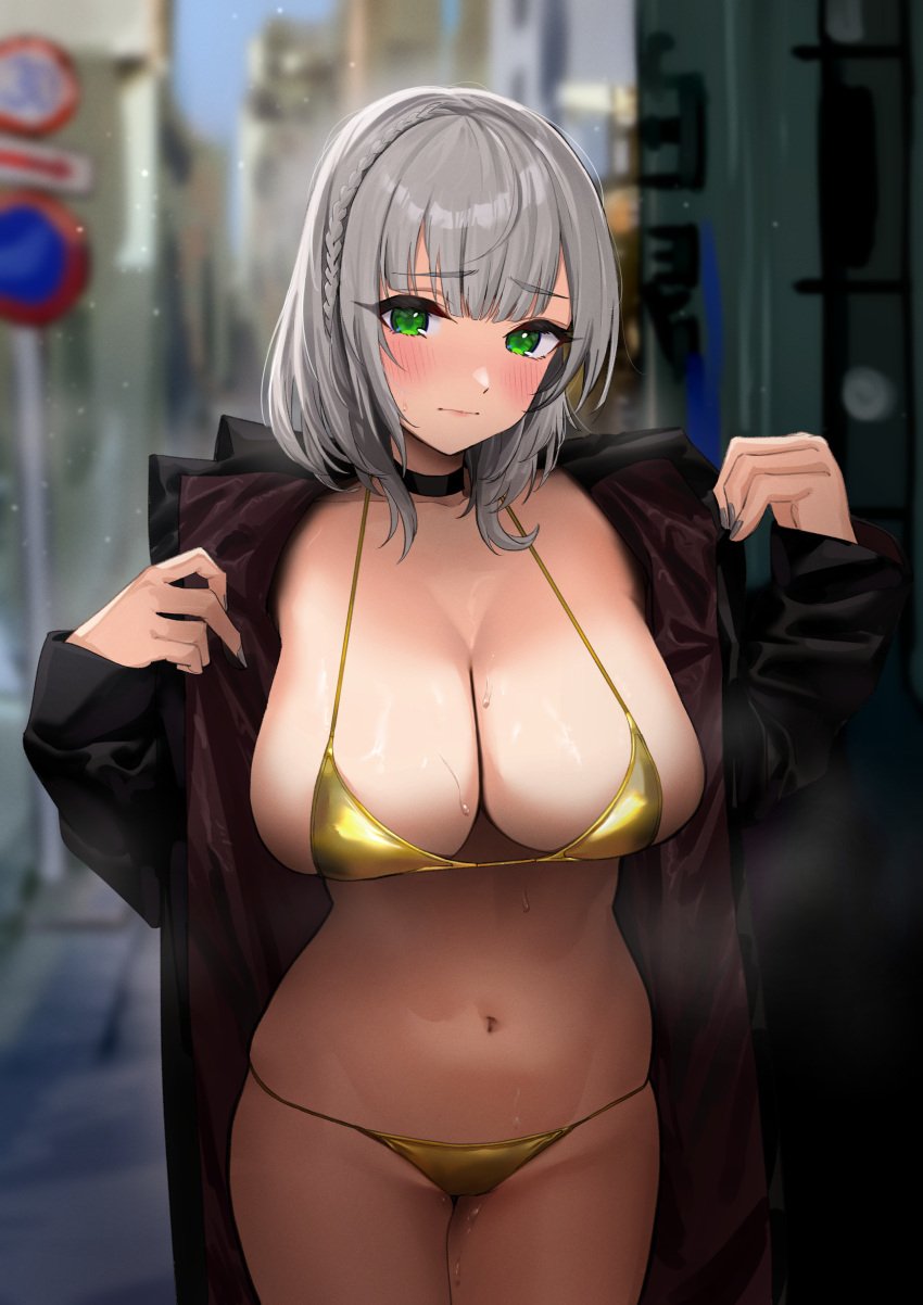 1girls 2022 absurdres bangs bikini black_choker blunt_bangs blurry blurry_background blush braid breasts choker closed_mouth coat exhibitionism female female_focus female_only flashing furrowed_brow golden_bikini green_eyes grey_hair grey_nails hands_up highres hololive hololive_fantasy hololive_japan large_breasts looking_at_viewer medium_hair micro_bikini navel open_clothes open_coat outdoors public_indecency raised_eyebrows road road_sign shirogane_noel sign skindentation solo solo_female stomach street string_bikini sweat swimsuit trench_coat urokong virtual_youtuber