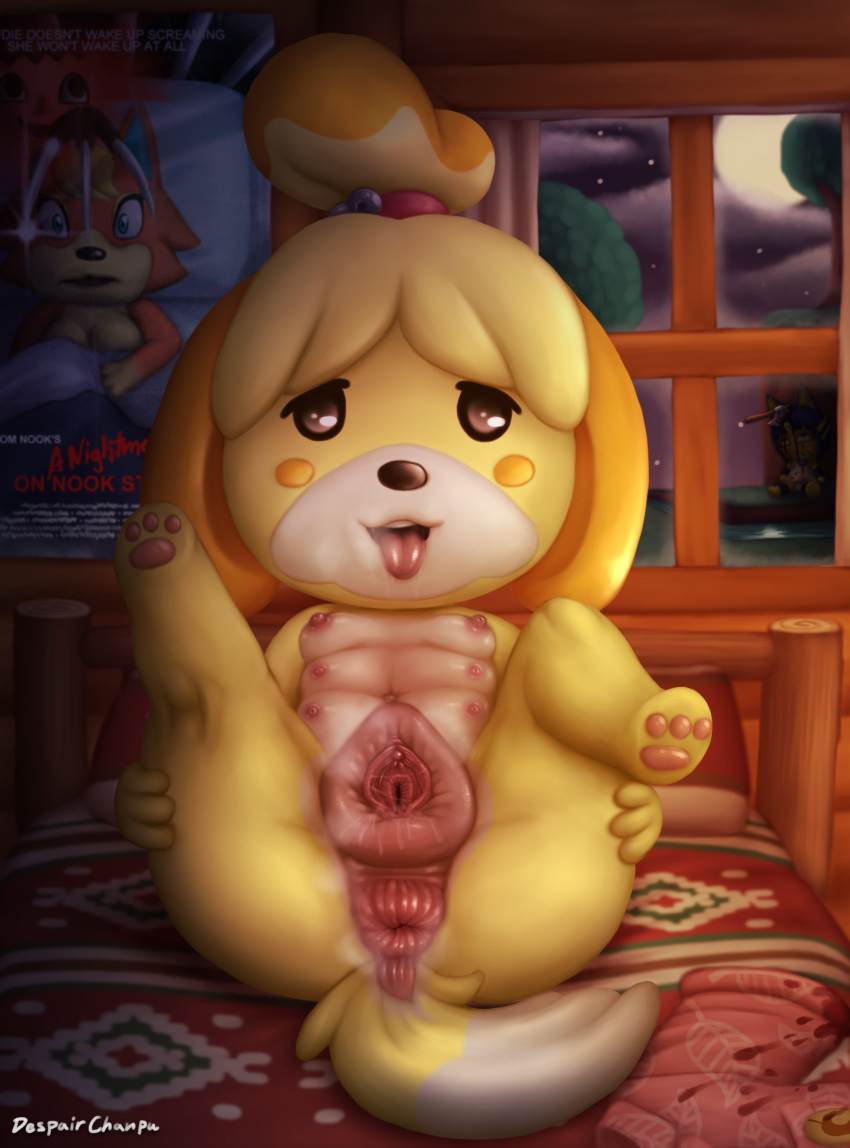 2021 a_nightmare_on_elm_street absurd_res animal_crossing animal_genitalia animal_pussy ankha ankha_(animal_crossing) anthro anus audie_(animal_crossing) bed blood breasts canid canine canine_pussy canis clitoris despairchanpu detailed_anus detailed_background detailed_pussy domestic_dog female front_view full-length_portrait fur furniture furry genitals hi_res isabelle_(animal_crossing) legs_up looking_at_viewer mammal multi_breast multi_nipple murder nintendo nipples non-human_areolae nude on_bed plump_labia portrait presenting presenting_pussy pussy shih_tzu snuff solo spread_legs spreading tongue tongue_out toy_dog video_games yellow_body yellow_fur