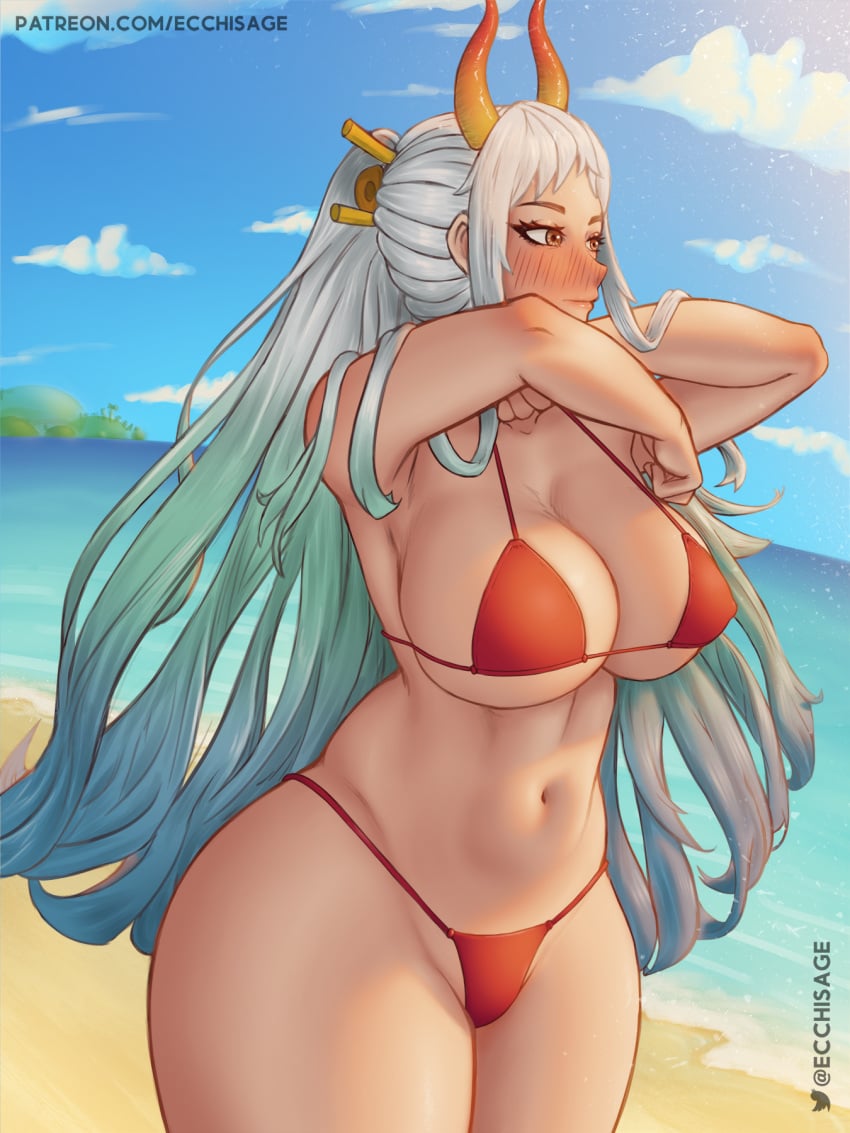 1girls beach big_breasts bikini blue_hair blush breasts brown_eyes clothed clothing curvy curvy_figure ear_piercing earrings ecchisage female female_focus female_only gradient_hair hi_res highres hoop_earrings horned_humanoid horns humanoid large_breasts light-skinned_female light_skin long_hair midriff multicolored_hair navel one_piece oni oni_horns revealing_clothes simple_background solo solo_female swimsuit thick thick_thighs two_tone_hair voluptuous white_hair wide_hips yamato_(one_piece)