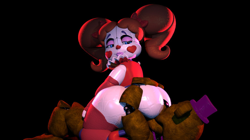 1boy 1girls 3d 69 animatronic ass baby_(fnafsl) bear blue_eyes circus_baby circus_baby_(fnaf) clothed_sex five_nights_at_freddy's five_nights_at_freddy's:_sister_location fredbear_(fnaf) licking_pussy sex sexbot_circus_baby straight