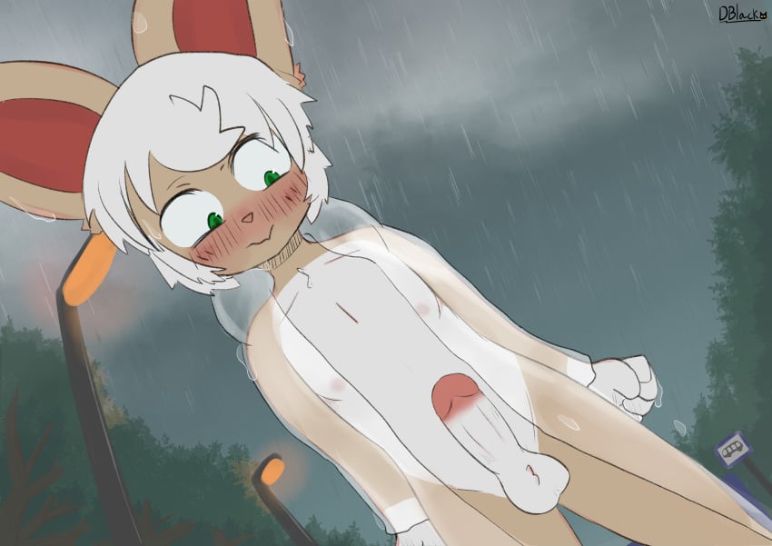 absurd_res brown_body clothing coat dblack fur genitals hi_res kemono lagomorph leporid male mammal penis rabbit raincoat raining smile solo topwear translucent translucent_clothing translucent_raincoat white_body white_fur