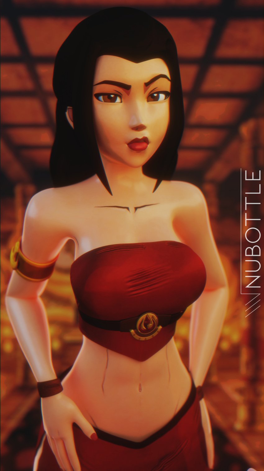 3d abs alternate_hairstyle asian_female avatar_the_last_airbender azula bare_shoulders bracelet breasts clothing colored_nails female female_focus female_only fire_nation fit_female gold hands_on_hips indoors jewelry large_breasts looking_to_the_side nubottle princess red_lipstick red_nails royalty yellow_eyes