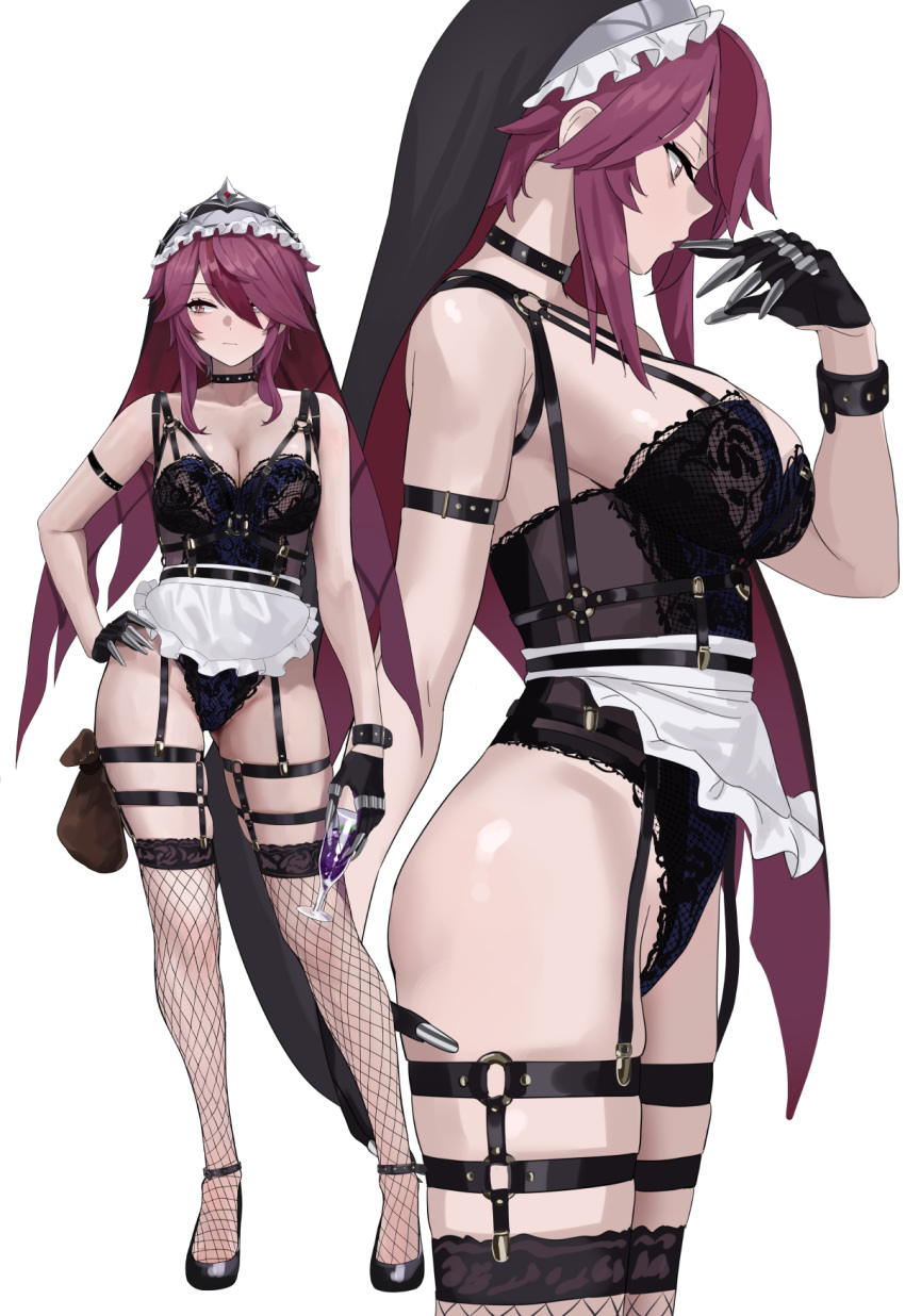 1girls apron big_breasts breasts chela77 choker claws cleavage eyebrows_visible_through_hair fishnet_legwear fishnet_stockings fishnets front_view garter_straps genshin_impact gloves hi_res high_heels leotard lingerie long_hair nun red_hair revealing_clothes rosaria_(genshin_impact) side_view sideboob standing straps thighhighs underwear veil white_background