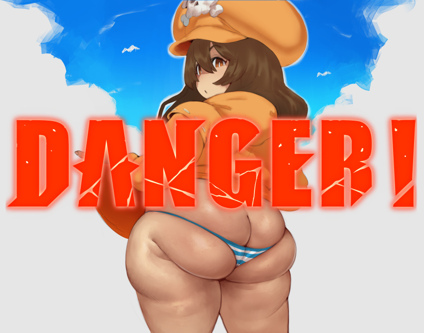 1girls :o absurd_res arc_system_works ass ass_cleavage ass_focus ass_shot back back_view big_ass brown_eyes brown_hair butt_crack dat_ass fat_ass female female_only forastero guilty_gear guilty_gear_strive hat hi_res huge_ass long_hair looking_at_viewer looking_back massive_ass may_(guilty_gear) outdoors panties shimapan shortstack striped_panties thick_ass thick_thighs thighs thunder_thighs