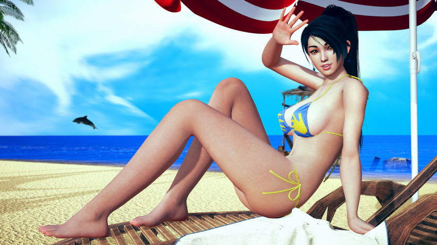 1girls 3d beach bikini black_hair brown_eyes dead_or_alive dolphin large_breasts looking_at_viewer momiji_(ninja_gaiden) ninja_gaiden reinhardt94 seaside voluptuous waving