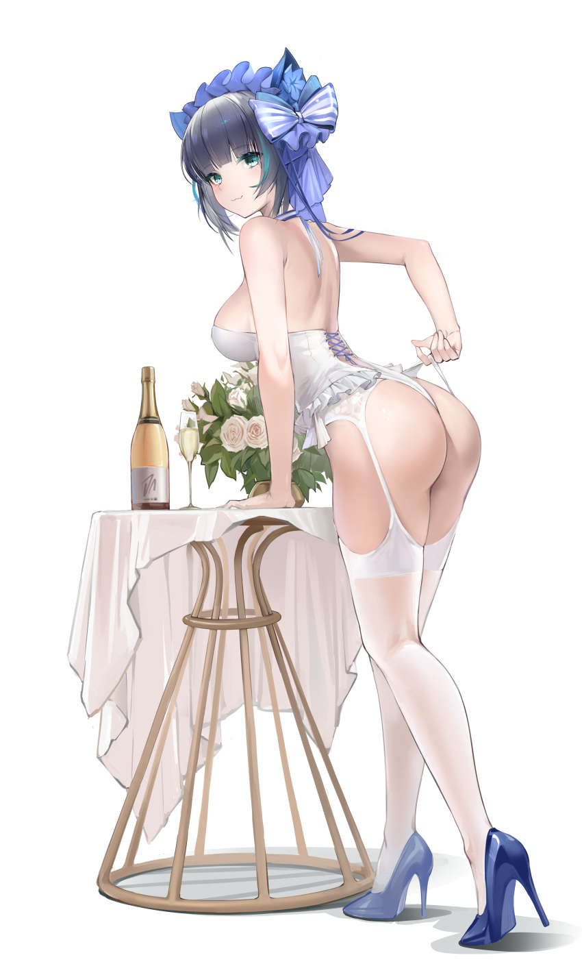 1girls 2022 :3 absurdres alternate_version_available ass azur_lane bangs black_hair blue_footwear bottle breasts cheshire_(azur_lane) cup drinking_glass female female_focus female_only flower full_body garter_belt garter_straps green_eyes green_hair high_heels highres janload1ng large_breasts leotard looking_at_viewer multicolored_hair plant potted_plant rose short_hair simple_background solo solo_female standing streaked_hair table thighhighs white_background white_flower white_leotard white_rose white_thighhighs