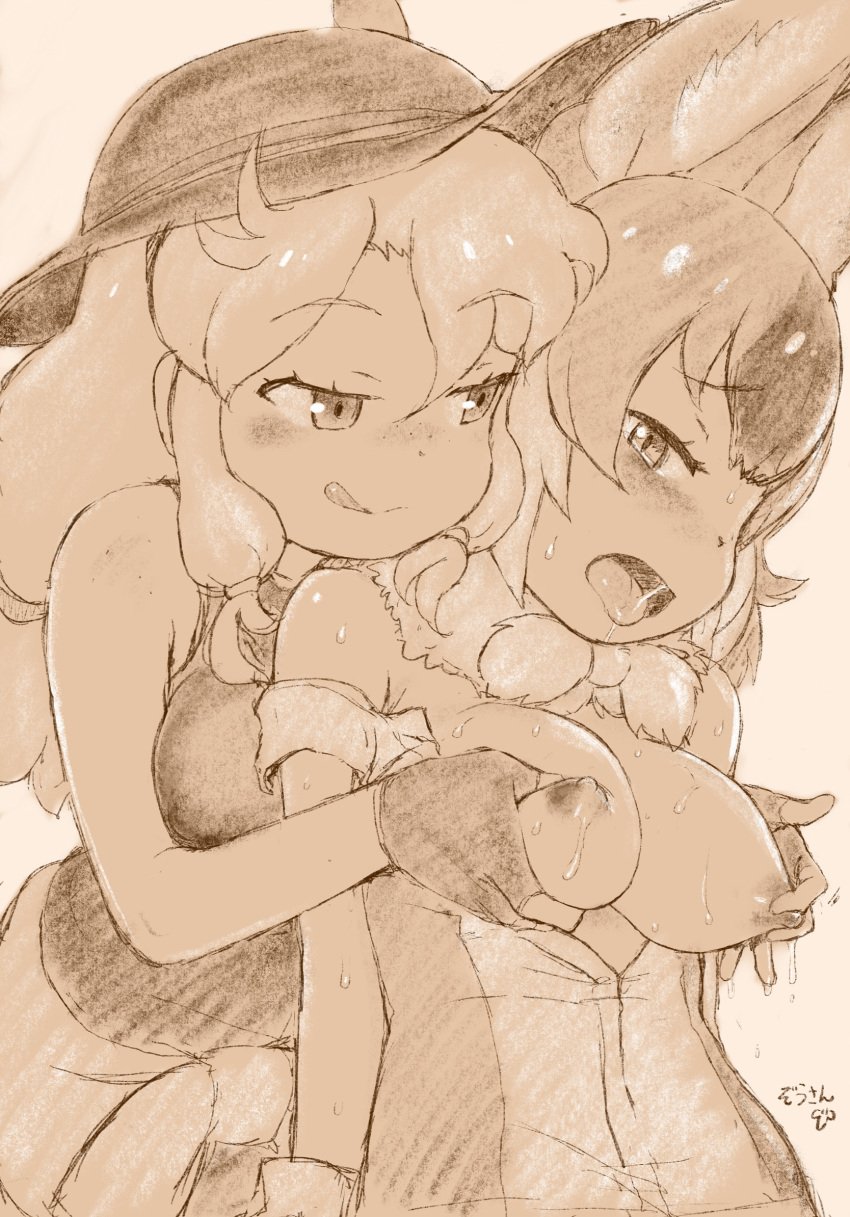 2girls :p animal_ears areolae bangs bare_shoulders bedroom_eyes beige_background blush bow breast_fondling breast_grab breast_groping breasts breasts_out_of_clothes calenda_(kemono_friends) clothes_around_waist curly_hair dhole_(kemono_friends) duo extra_ears eyebrows_visible_through_hair female female_only female_pervert fingerless_gloves from_behind fur_collar furrowed_eyebrows gloves grabbed_from_behind grabbing groping half-closed_eyes hat hat_feather high_resolution kemono_friends kemono_friends_3 licking_lips long_hair looking_at_another looking_back looking_pleasured masuyama_ryou medium_breasts medium_hair monochrome multiple_girls nipple_pull nipple_tweak nipples open_clothes open_mouth partially_unzipped sidelocks standing sweat tank_top tongue tongue_out unzipped yuri zipper