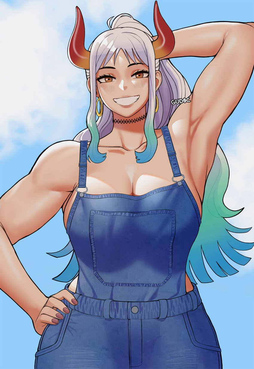 1girls absurd_res armpits artist_name artist_signature biceps big_breasts blue_hair breasts brown_eyes cleavage clothed clothing curvy demon ear_piercing earrings female female_focus female_only gradient_hair gud0c hand_on_head hi_res highres hoop_earrings horn horned_humanoid horns humanoid light-skinned_female light_skin long_hair looking_at_viewer multicolored_hair muscular muscular_arms muscular_female naked_overalls no_bra one_piece oni oni_horns overalls revealing_clothes shounen_jump sideboob simple_background smile solo topless two_tone_hair white_hair wide_hips yamato_(one_piece)