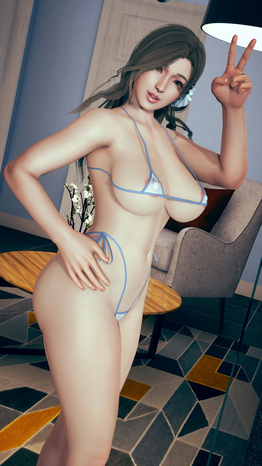 1girls 3d asian_female beauty_mark brown_eyes brown_hair dead_or_alive dead_or_alive_xtreme_venus_vacation erect_nipples huge_breasts long_hair looking_at_viewer micro_bikini peace_sign reinhardt94 sayuri_(dead_or_alive) thong voluptuous