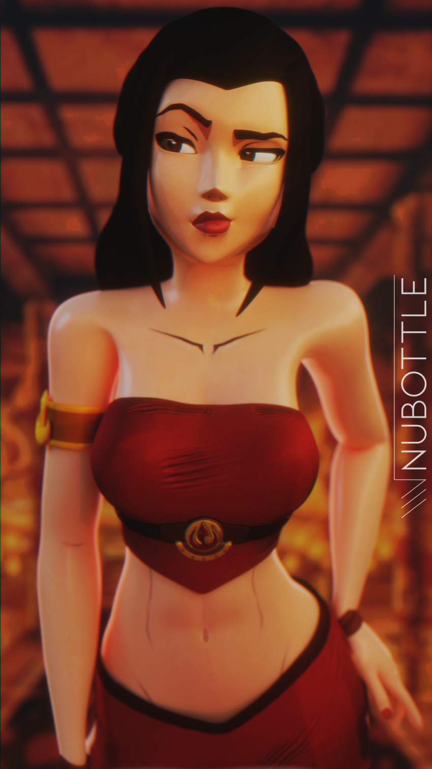 3d abs alternate_hairstyle artist_name asian_female avatar_the_last_airbender azula bare_shoulders bracelet breasts clothing colored_nails female female_focus female_only fire_nation fit_female gold hand_on_hip indoors jewelry large_breasts looking_to_the_side nubottle princess red_lipstick red_nails royalty yellow_eyes