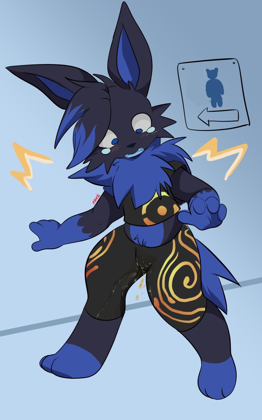 absurd_res alternate_color anthro blue_body blue_eyes blue_fur blush bodily_fluids bottomwear canid canine clothed clothing digital_media_(artwork) eeveelution fan_character fully_clothed fur genital_fluids hair hi_res jolteon male mammal nintendo open_mouth peeing pokemon pokemon_(species) raveneevee simple_background solo standing tears topwear urine video_games watersports wetting