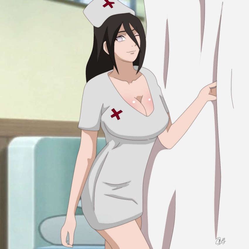 1girls agung911 bare_legs big_breasts boruto:_naruto_next_generations bottomless breasts bust busty clothed clothed_female curtains dress female female_only fully_clothed hair_between_eyes holding_object hospital hospital_bed huge_breasts hyuuga_hanabi indoors mostly_nude naruto naruto_(series) no_bra no_underwear nurse nurse_cap nurse_uniform one_eye_closed oppai partially_clothed revealing_clothes solo solo_female solo_focus uniform wink winking_at_viewer