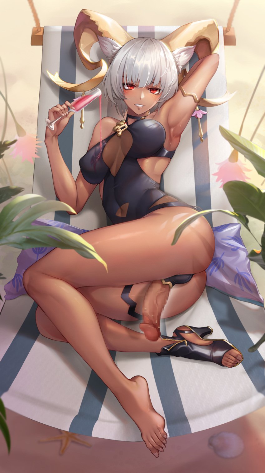 1futa :d absurdres animal_ears arknights arm_up armlet armpits ass bangs barefoot big_breasts big_penis black_footwear black_swimsuit breasts breasts_apart cameltoe carnelian_(arknights) carnelian_(shining_dew)_(arknights) casual_one-piece_swimsuit censored clothed clothing cock-tail covered_navel cup dark-skinned_futanari dark_skin day dickgirl erect_nipples full_body futa_only futa_sans_balls futanari gins goat_ears goat_girl goat_horns grey_hair half-erect hammock high_heels highres holding holding_cup horns humanoid humanoid_penis intersex large_breasts lying mosaic_censoring mostly_clothed nipple_bulge official_alternate_costume on_side one-piece_swimsuit outdoors panties parted_lips penis penis_out penis_outside pillow plant pouring pouring_onto_self pussy red_eyes seashell shell shoes short_hair single_shoe smile solo starfish swimsuit thigh_strap toeless_footwear