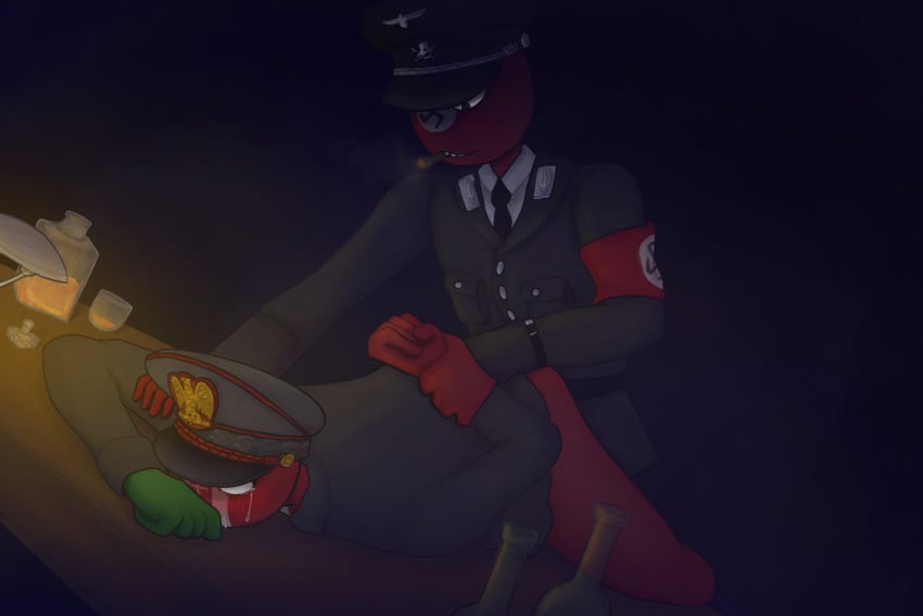 beer beer_bottle countryhumans drunk_sex fascist_italy_(countryhumans) gay military_uniform nazi_germany_(countryhumans) pinned_down rape tears third_reich_(countryhumans)