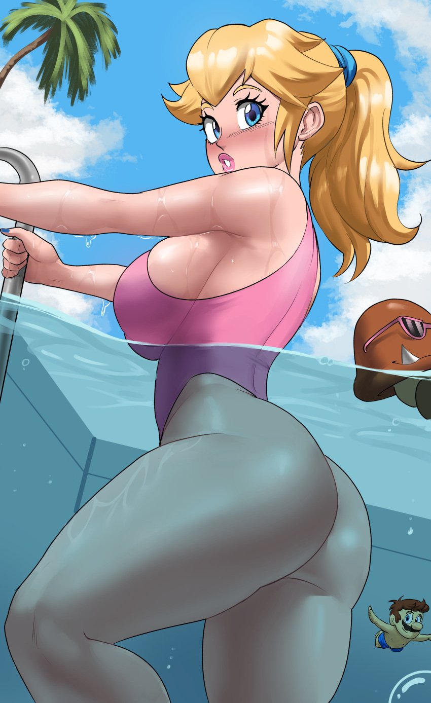 1boy 1girls 2022 absurd_res ass big_ass blonde_female blonde_hair blue_eyes blue_fingernails breasts cloud dat_ass echosaber female female_only goomba highres hips huge_ass huge_breasts light-skinned_female light_skin lipstick long_hair mario mario_(series) nintendo one-piece_swimsuit outdoors partially_submerged partially_underwater_shot pin-up pink_lipstick pink_swimsuit ponytail pool princess_peach sideboob skindentation sky slim_waist solo solo_female solo_focus swimming swimsuit thick_thighs thighs underwater water wide_hips