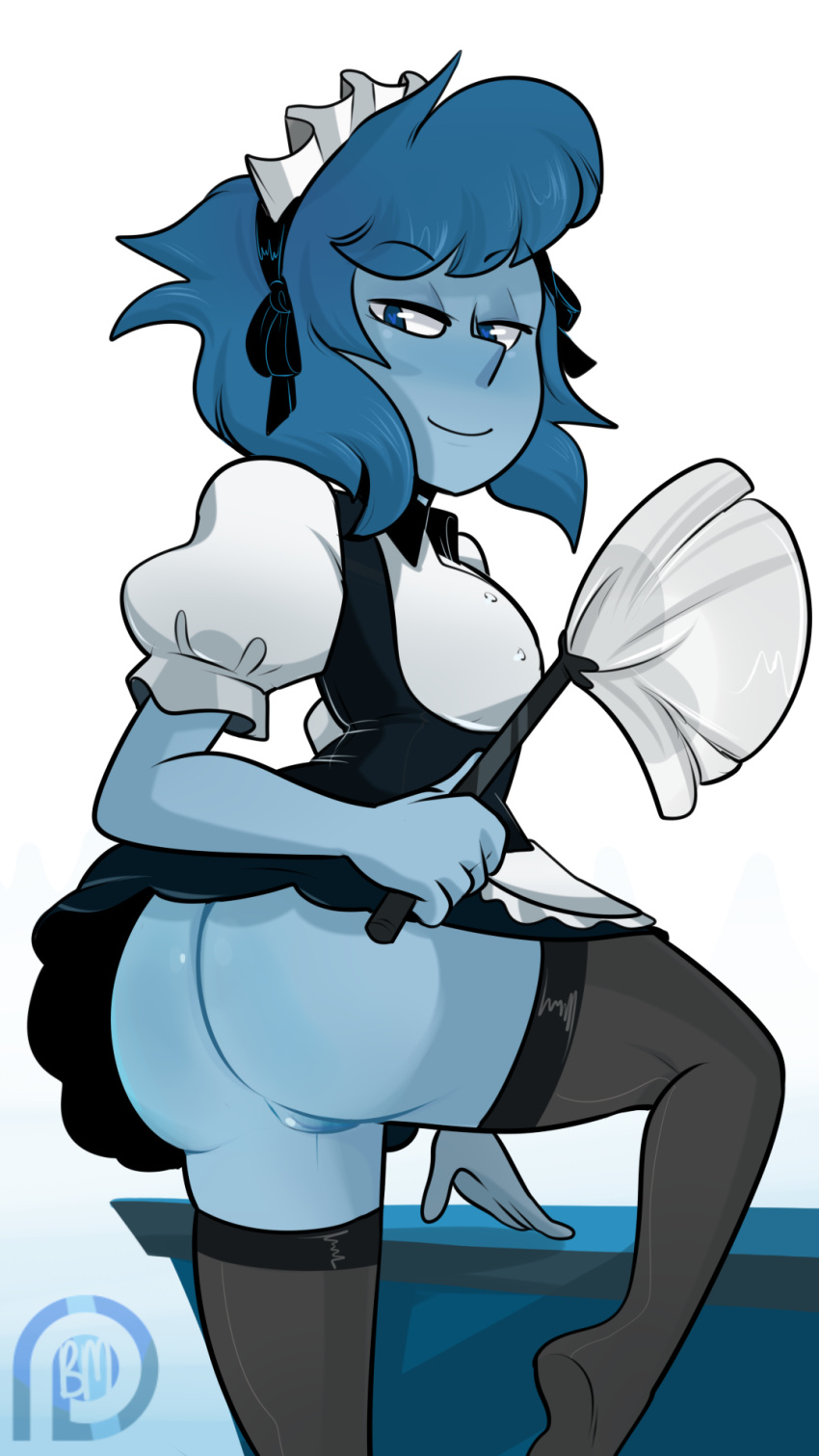 1girls ass blue_eyes blue_hair blue_skin blushmallet cartoon_network female female_focus female_only gem_(species) k lapis_lazuli_(steven_universe) maid pussy smiling steven_universe stockings thighs