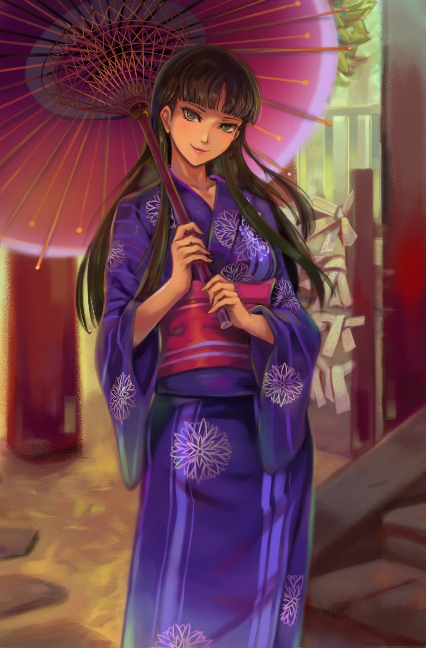 1girls alternate_costume amagi_yukiko atlus black_hair black_hair_female blue_kimono clothed clothed_female clothing female full_body fully_clothed fully_clothed_female green_eyes hi_res highres holding_parasol holding_umbrella kimono light-skinned_female light_skin long_hair long_hair_female looking_at_viewer megami_tensei outside parasol persona persona_4 sega solo solo_female solo_focus stairs toasty_scones umbrella