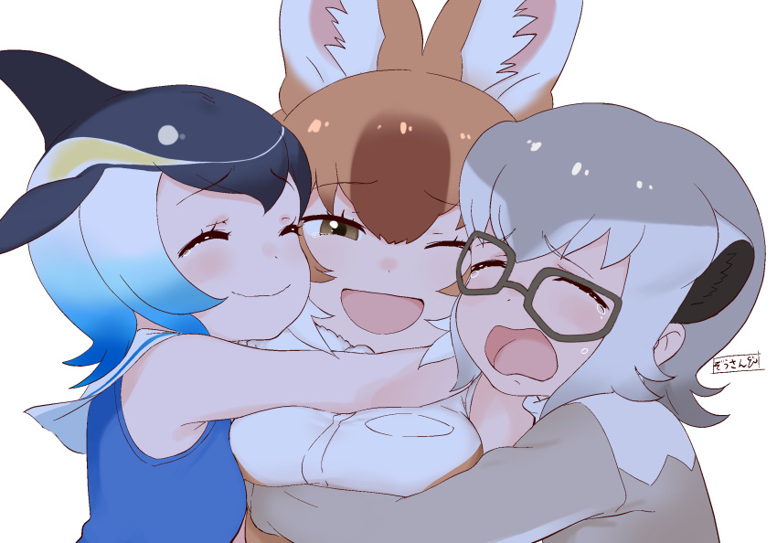 3girls animal_ears black_hair blonde_hair blowhole blue_dress blue_hair brown_eyes brown_hair close-up closed_eyes crying dhole_(kemono_friends) dog_girl dorsal_fin dress extra_ears eyebrows_visible_through_hair female girl_sandwich gradient_hair grey_hair high_resolution hug inumimi kemono_friends kemono_friends_3 light_brown_hair masuyama_ryou meerkat_(kemono_friends) meerkat_ears megane multicolored_hair multiple_girls one_eye_closed sailor_collar sandwiched short-beaked_common_dolphin_(kemono_friends) short_hair sleeveless smile tears upper_body white_hair