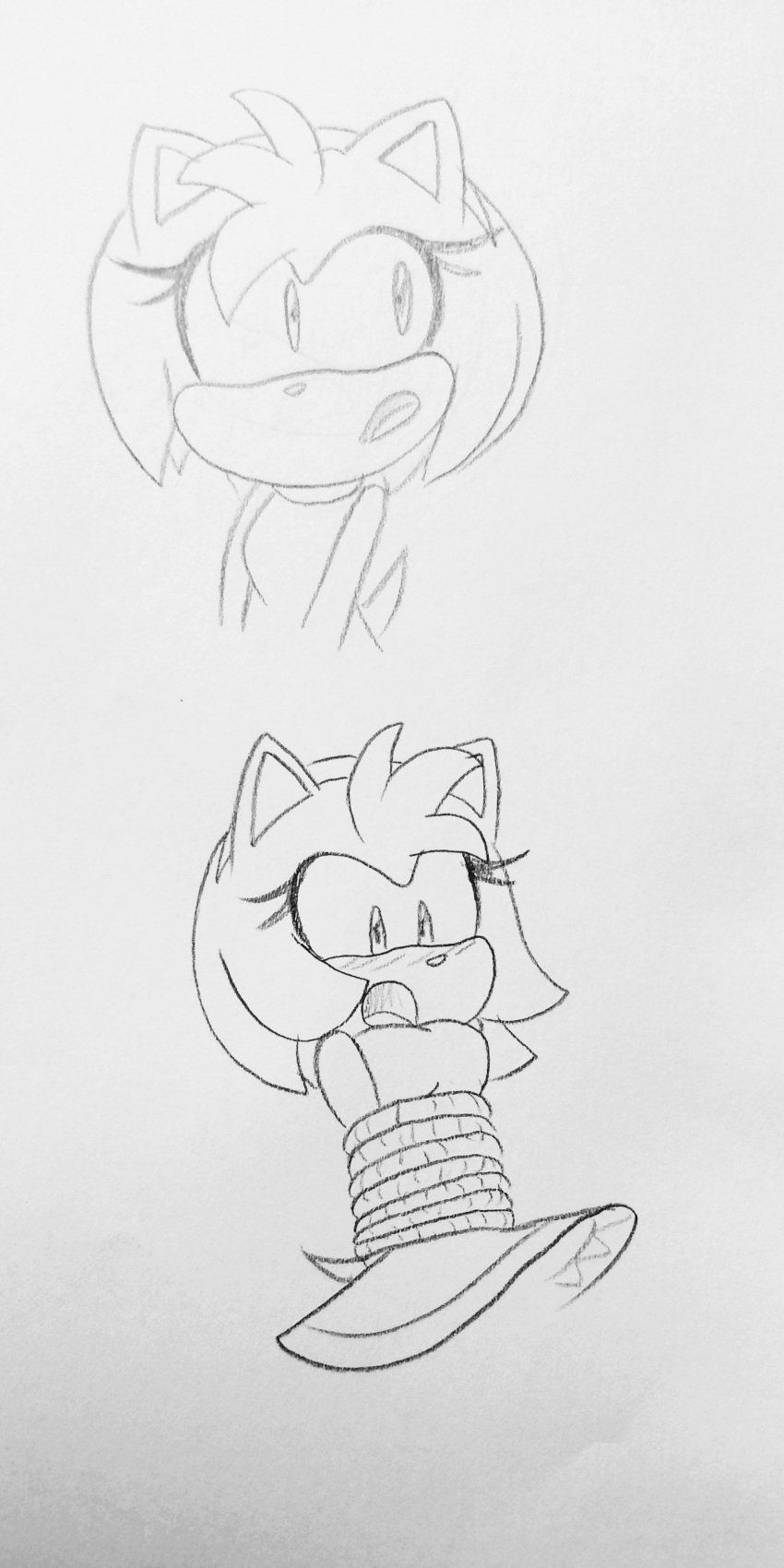 amy_rose anthro bandage bound frefer9 furry furry_only hedgehog monochrome rope rope_bondage sonic_(series) tied tied_up traditional_media traditional_media_(artwork) video_games