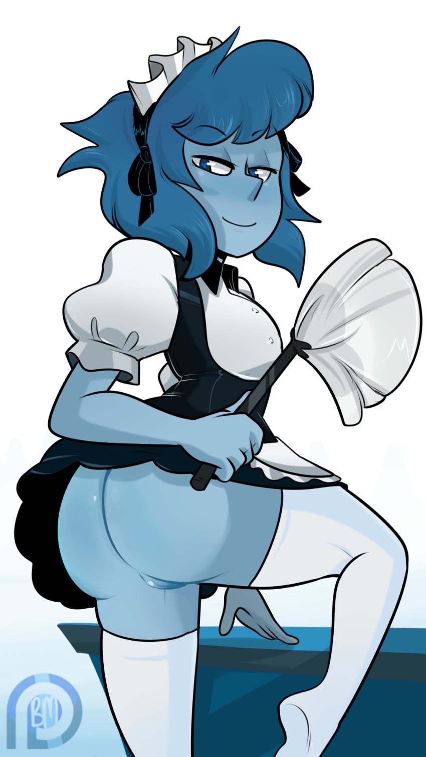 1girls ass blue_eyes blue_hair blue_skin blushmallet cartoon_network female female_focus female_only gem_(species) k lapis_lazuli_(steven_universe) maid pussy smiling steven_universe stockings thighs