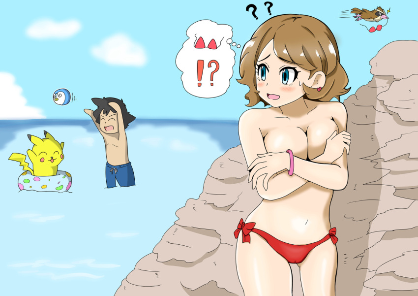 !? 1boy 1girls ?? amourshipping ash_ketchum beach beach_ball bikini blonde_hair blue_eyes blush bra bra_removed bracelet breasts cloud covering covering_breasts embarrassed lifebuoy mahoまほ navel nintendo ocean pidgey pikachu piplup pokémon_(species) pokemon pokemon_(anime) pokemon_(species) satoshi_(pokemon) serena_(pokemon) smile standing tagme topless unaware