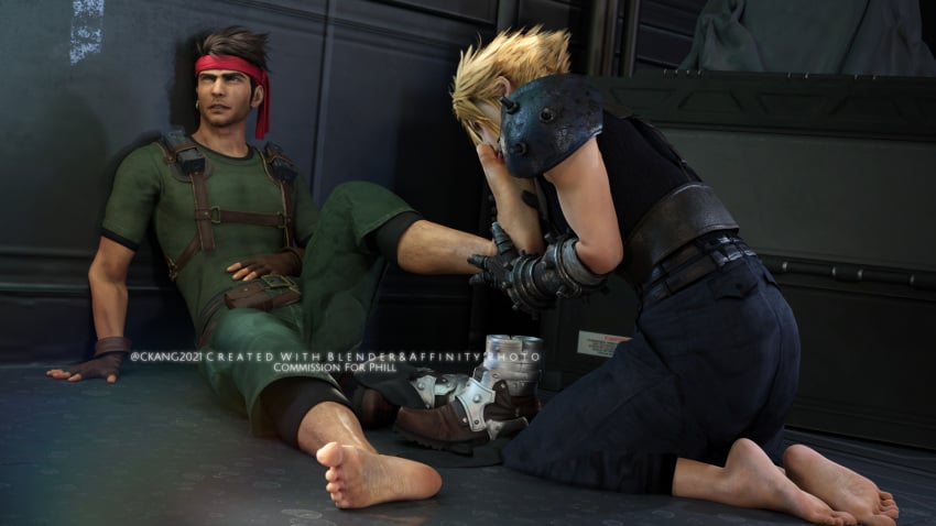 2boys 3d biggs_(ff7) ckang2021 cloud_strife final_fantasy final_fantasy_vii final_fantasy_vii_remake foot_fetish gay male male_only yaoi