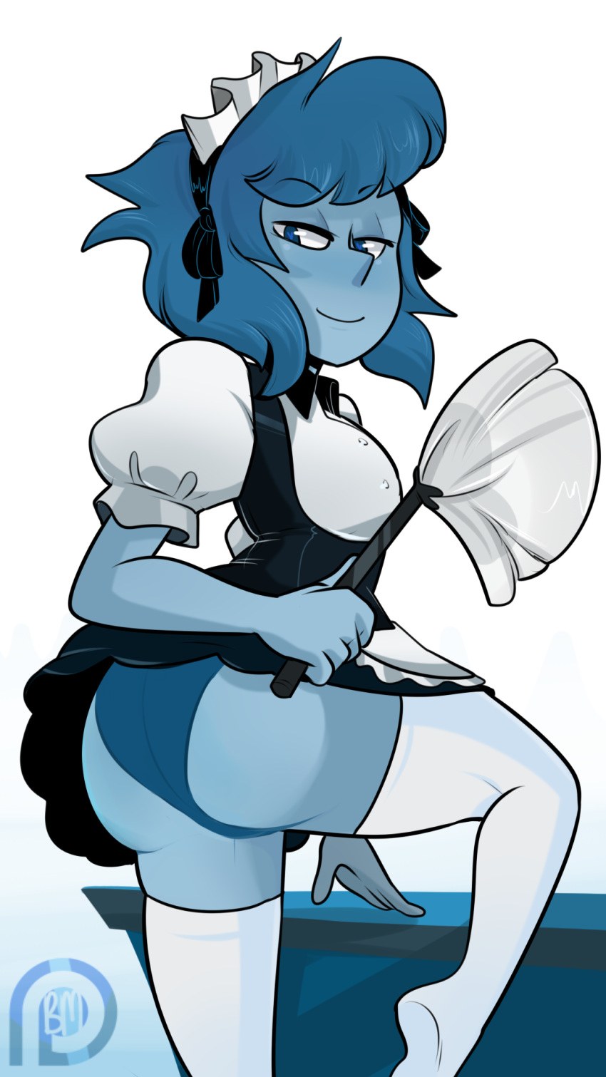 1girls ass blue_eyes blue_hair blue_skin blushmallet cartoon_network female female_focus female_only gem_(species) k lapis_lazuli_(steven_universe) maid panties smiling steven_universe stockings thighs