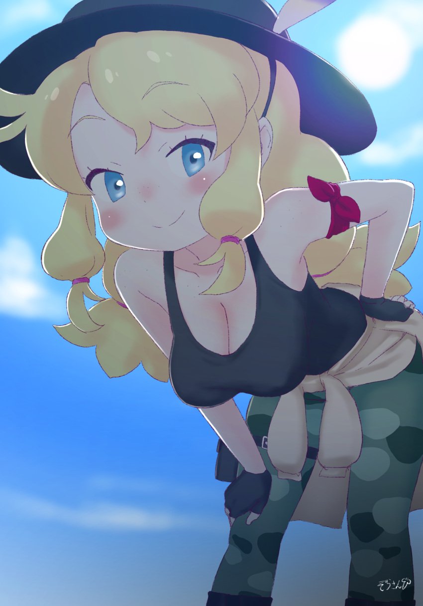 armband bare_shoulders black_gloves black_shirt black_tank_top blonde_hair blue_eyes blush breasts calenda_(kemono_friends) camouflage camouflage_pants cargo_pants cleavage clothes_around_waist clothing cloud curly_hair dot_nose eyebrows_visible_through_hair eyelashes feathers female female_only fingerless_gloves gloves hairband hand_on_own_thigh hand_on_thigh hanging_breasts hat hat_feather headwear high_resolution kemono_friends kemono_friends_3 leaning leaning_forward leg_belt long_hair looking_at_viewer looking_to_the_side masuyama_ryou nose_blush pants pink_hairband puffy_hair red_armband shirt sidelocks sky sleeveless smile solo solo_female standing sun sweater sweater_around_waist tank_top tied_hair very_long_hair