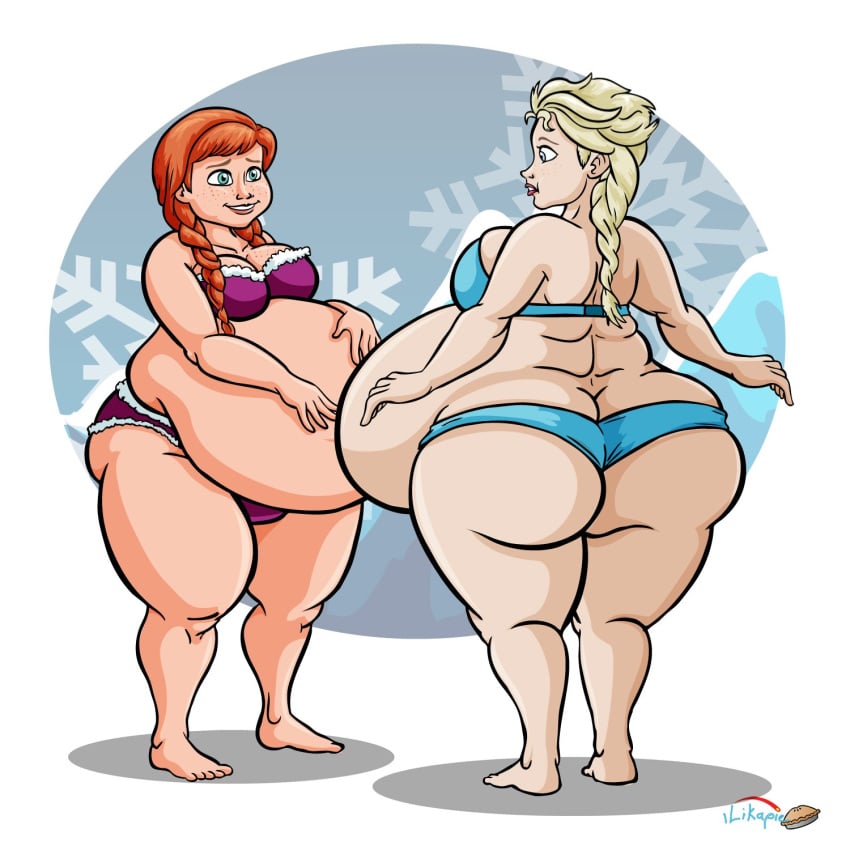 2girls anna_(frozen) ass bbw big_ass big_belly big_breasts bikini blonde_hair bra breasts cleavage curvy disney elsa_(frozen) fat fat_people_only female freckles frozen_(film) ginger hand_on_belly ilikapie large_ass obese overweight panties red_hair thick thick_thighs wide_hips