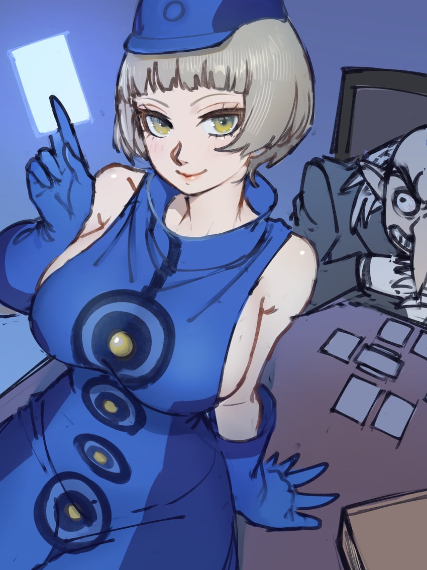 1boy1girl atlus big_breasts blue_gloves blush breasts card cards dress elizabeth_(persona) female_focus gloves hat hips holding_card holding_object igor_(persona) large_breasts looking_at_viewer persona persona_3 poechan sega short_hair smile smiling thighs velvet_room white_hair