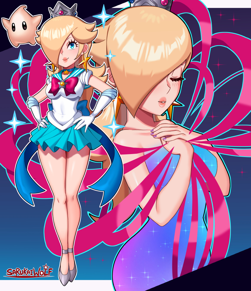 bishoujo_senshi_sailor_moon blonde_hair clothing cosplay earrings hair_over_one_eye high_heels long_hair luma magical_girl magical_girl_transformation mario_(series) nintendo princess_rosalina sailor_moon_(cosplay) sailor_senshi_uniform sarukaiwolf silver_high_heels skirt small_breasts super_mario_galaxy