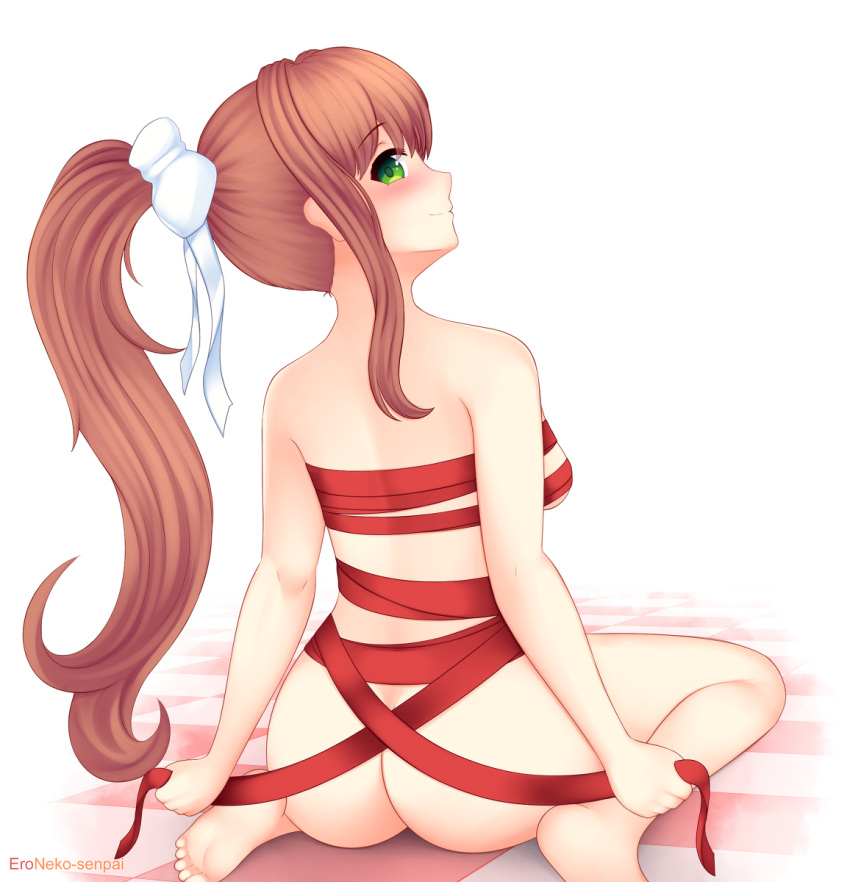 1girls ass blush bow breasts brown_hair butt doki_doki_literature_club eroneko eroneko-senpai female female_only green_eyes hair hair_bow hair_ribbon long_hair looking_at_viewer looking_back looking_over_shoulder monika_(doki_doki_literature_club) naked no_clothes nude ponytail red_ribbon red_ribbons ribbon ribboned_body ribbons smiling solo solo_female thighs white_bow