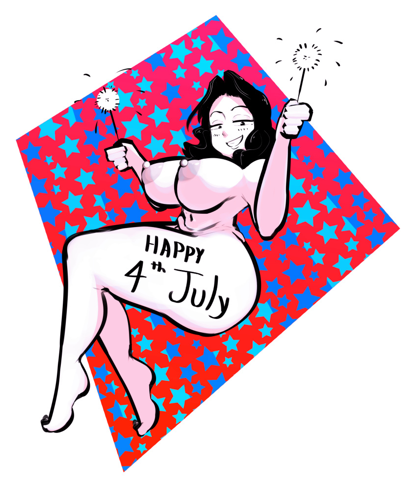 1girls 4th_of_july black_eyes black_hair breasts completely_nude edalv edolov female female_only fireworks hair large_breasts nipples nude nude_female original smile solo sparkler sparkles star teeth white_background