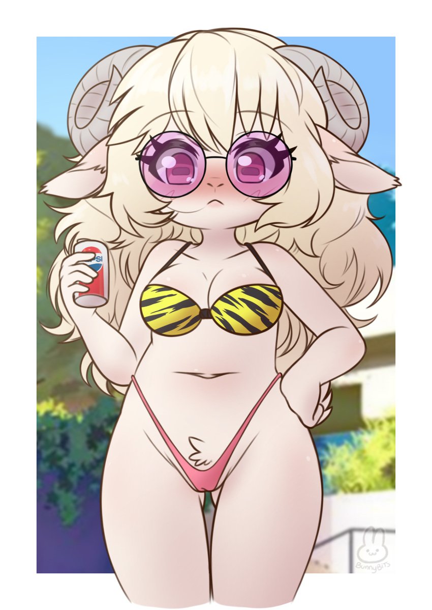 2022 absurd_res anthro beverage_can bikini blonde_hair blush bovid breasts bunnybits camel_toe caprine clothing eyewear female fur hair hi_res horizontal_pupils horn mammal pepsi pubes pupils purple-tinted_eyewear sheep solo sunglasses swimwear thong tinted_eyewear underwear white_body white_fur