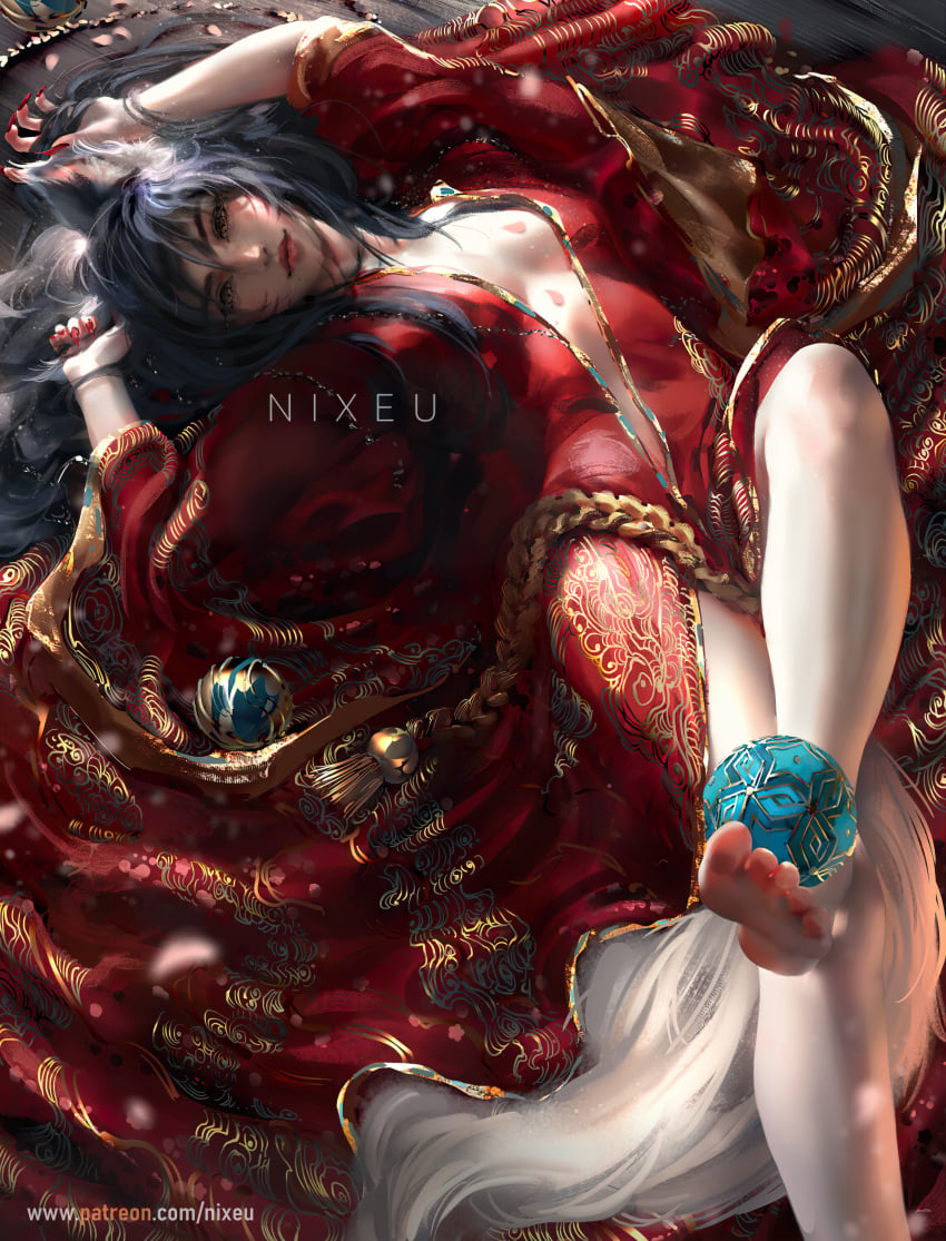 1girls ahri barefoot detailed detailed_background dress feet female female_only fox_ears hi_res high-angle_view league_of_legends light-skinned_female looking_at_viewer lying nixeu open_clothes painting_(artwork) soles solo tail toes